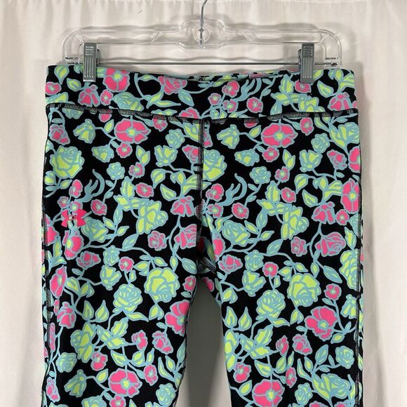 Under Armour Leggings youth YXL Black Green Floral Pull On Stretchy High Rise - Picture 2 of 9